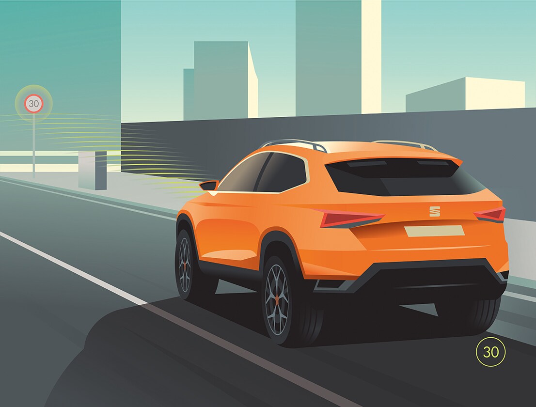 SEAT Tarraco driving towards sign with Traffic Sign Recognition  